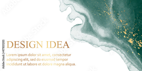 Modern watercolor background or elegant card design or banner or header with abstract green ink waves and golden splashes.