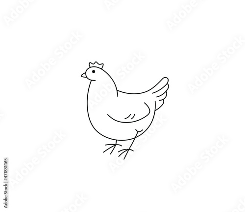 Vector isolated cute cartoon contour chicken drawing. Colorless black and white chicken hen hand doodle drawn outline sketch.