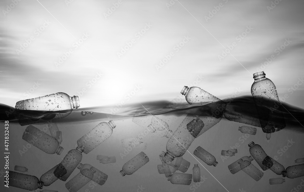 The world floats in water with only plastic waste.Plastic bottles float