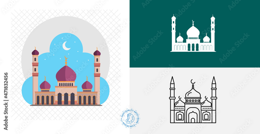 mosque isolated flat icon. line, solid islamic design element