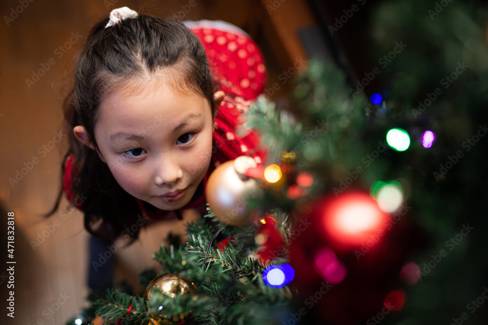 クリスマスツリーの飾りつけをする少女 クリスマスツリーの飾りつけをする少女