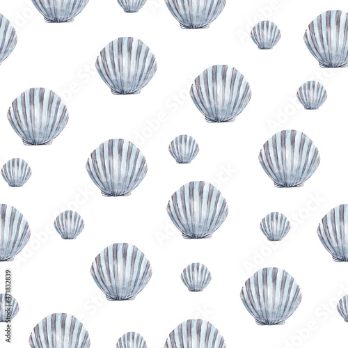 Seashell marine watercolor seamless pattern. Template for decorating designs and illustrations.