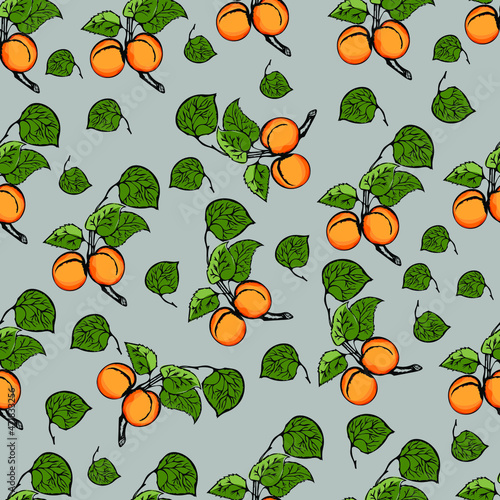 Seamless with apricot on a medium light shade of gray background. Vector hand-drawn illustration