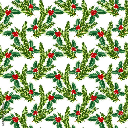 Vector - winter plant with holly , fir and berries, seamless pattern.