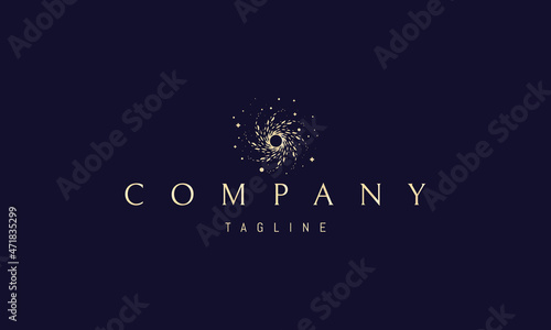 Vector golden logo on which an abstract image of a spiral galaxy with planets and stars.