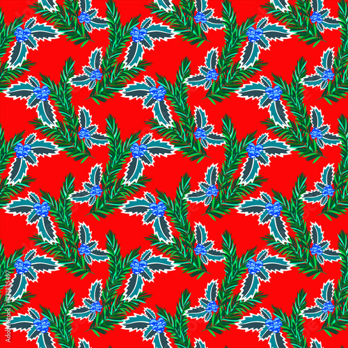 Vector - winter plant with holly   fir and berries  seamless pattern.