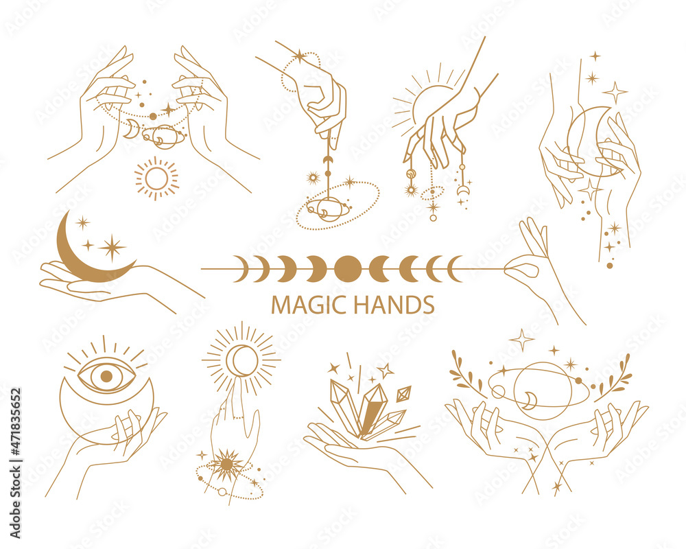 Set of icons and logo with female magical hands. One line vector illustration. Trend mystical concept Set of icons and logo with female magical hands. One line vector illustration. Trend mystical concept