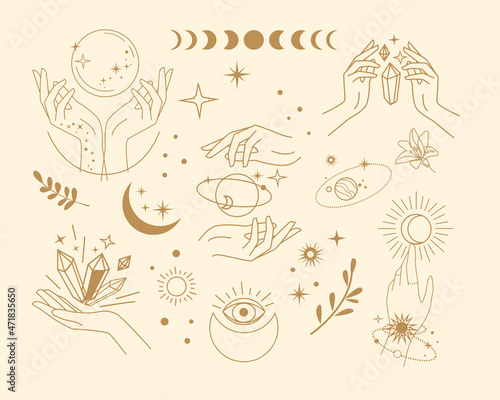 Set with female magical hands. Icons and logos trend one line vector illustration. Moden mystical concept photo