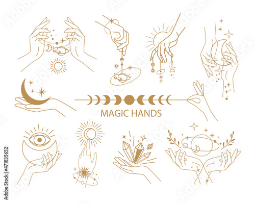 Set of icons and logo with female magical hands. One line vector illustration. Trend mystical concept