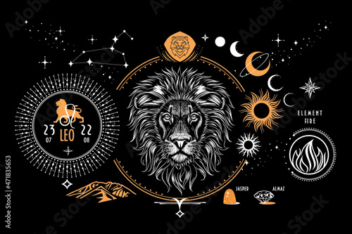 The astrological sign of the zodiac is Leo. Realistic hand drawing of a lion's head on a dark background. Zodiac characteristic, stars, constellation, stones, symbols, icons.