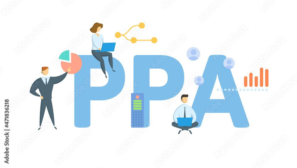 PPA, Power Purchase Agreement. Concept with keyword, people and icons. Flat vector illustration. Isolated on white.