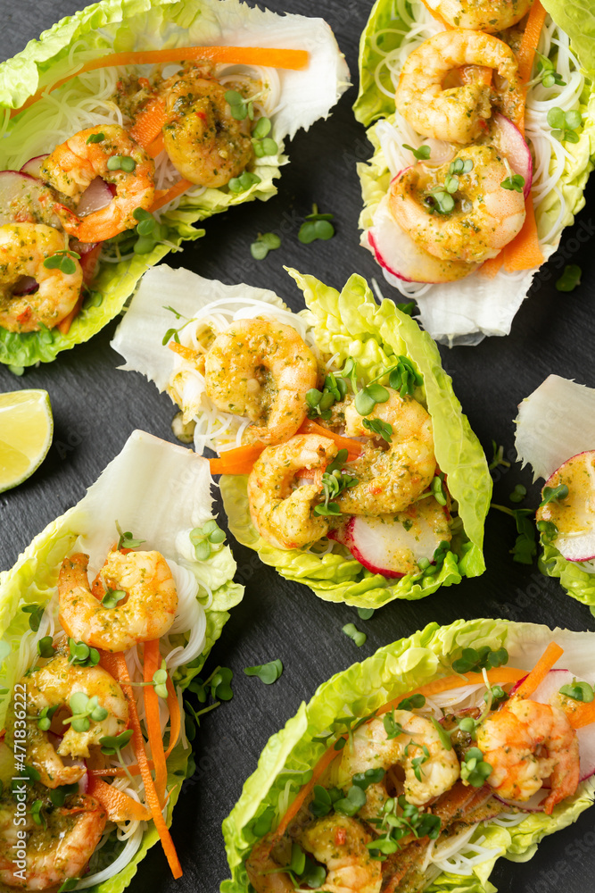 Lettuce wraps loaded with Spicy prawn, shrimp and rice vermicelli