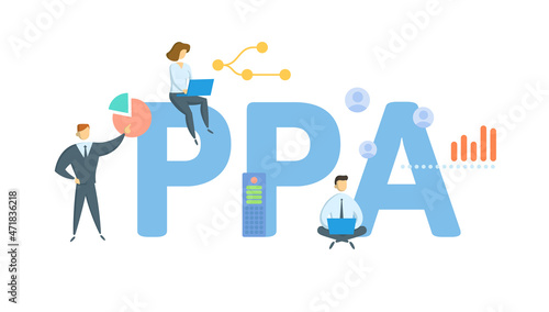 PPA, Power Purchase Agreement. Concept with keyword, people and icons. Flat vector illustration. Isolated on white.