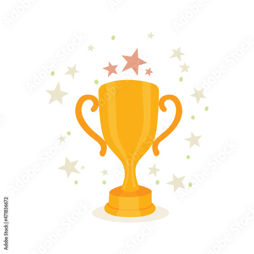 Trophy cup award, stars and confetti. Winner prize concept. Champion trophy abstract drawing. Golden trophy cup cartoon style, hand drawn vector illustration. Part of set.