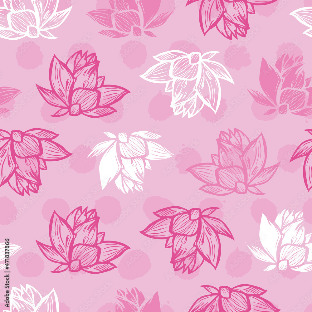 Vector pink rows of lotus flower and lily pads repeat pattern 03. Suitable for textile, gift wrap and wallpaper. Vector pink rows of lotus flower and lily pads repeat pattern 03. Suitable for textile, gift wrap and wallpaper.