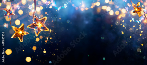 Photography Christmas Stars Lights - Golden String Hanging In Blue Background With Abstract