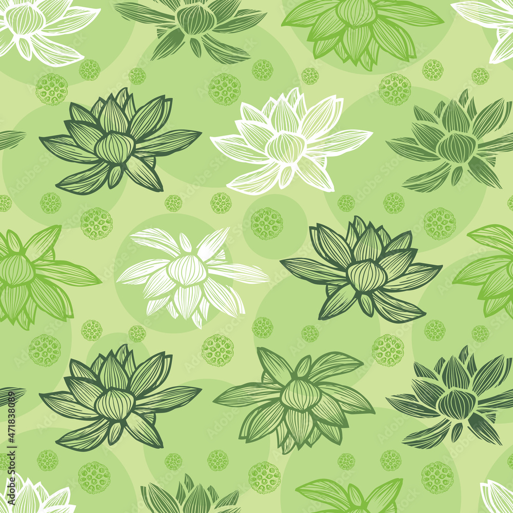 Vector green rows of lotus flower and seed pods repeat pattern 04. Suitable for textile, gift wrap and wallpaper.