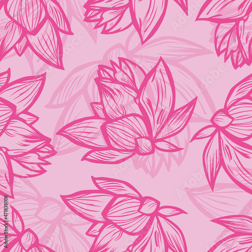 Vector pink lotus flower outlines monochrome repeat pattern 08. Suitable for textile  gift wrap and wallpaper.