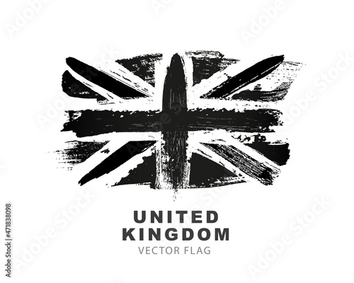 Flag of the Great Britain. Black and white hand-drawn brush strokes. Vector illustration isolated on white background.
