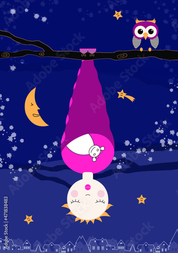 Petite fille déguisée en chauve-souris qui dort avec son doudou, accrochée à un arbre