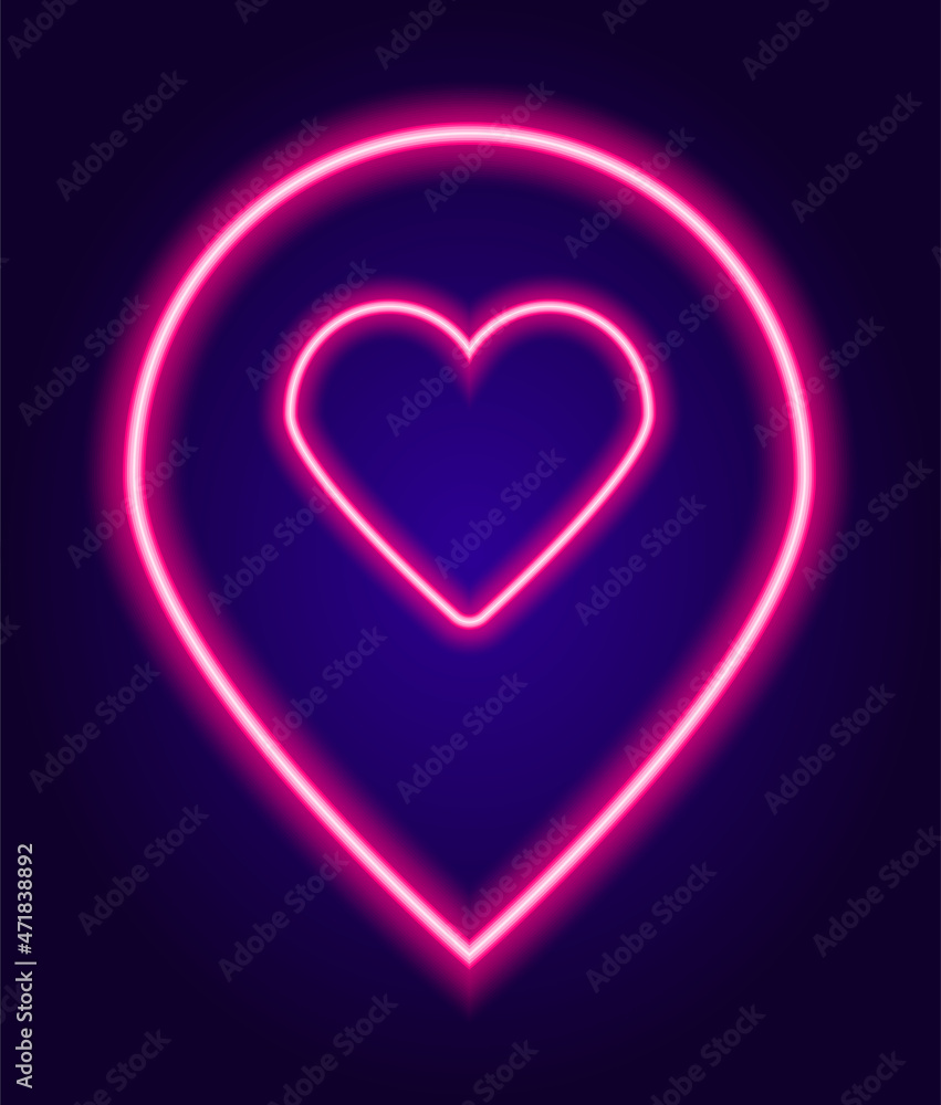 neon location signs are pink with a circle heart. Isolated element glow-in-the-dark pointers on a pink colored map line with a heart inside for a dating site design template neon location signs are pink with a circle heart. Isolated element glow-in-the-dark pointers on a pink colored map line with a heart inside for a dating site design template
