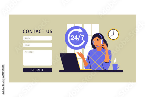 Service 24 7 concept. Call center support. Contact us form for web. Vector illustration. Flat.