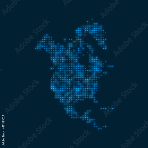 Fototapeta Naklejka Na Ścianę i Meble -  North America dotted glowing map. Shape of the continent with blue bright bulbs. Vector illustration.
