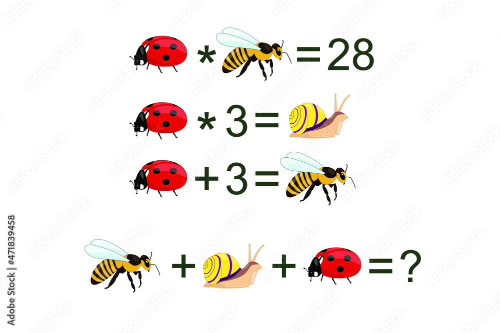 Math Bug Game Math puzzle for kids. Logical game with bugs for children, middle level ...