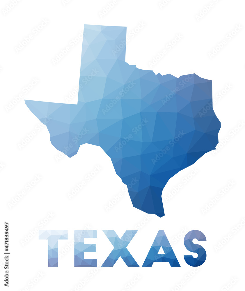 Low poly map of Texas. Geometric illustration of the us state. Texas polygonal map. Technology, internet, network concept. Vector illustration.