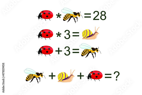 Math puzzle for kids. Logical game  with bugs for children, middle level, education game for kids, preschool worksheet activity,  Mathematical Addition Subtraction 