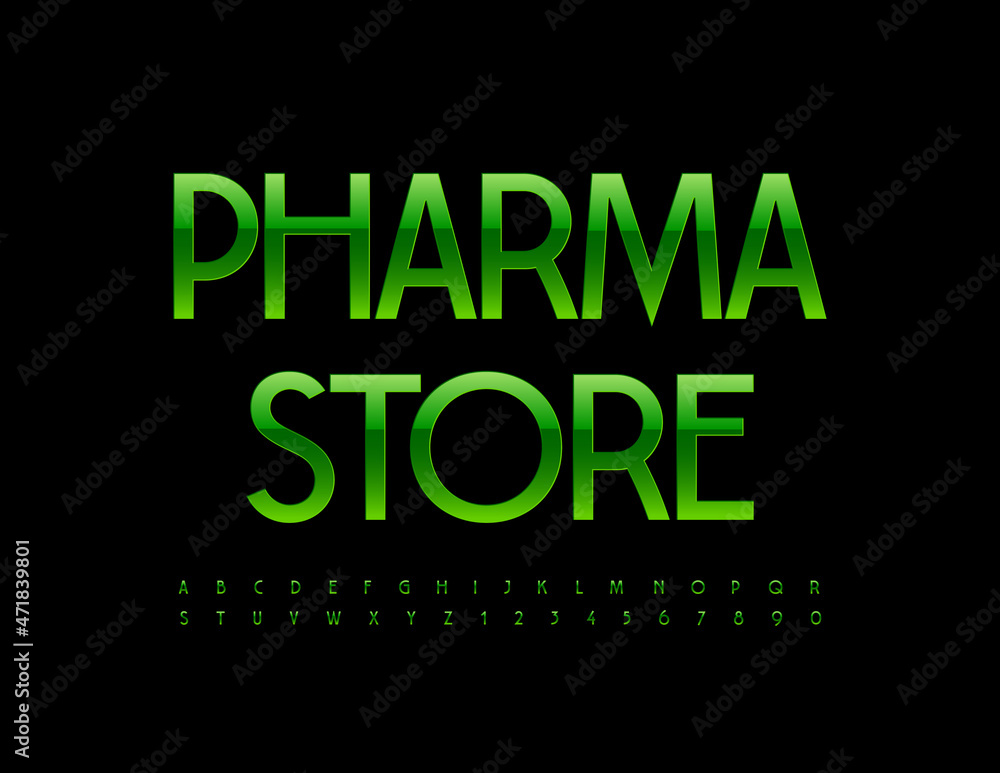 Vector Modern Emblem Pharma Store. Elegant Green Font. Stylish Alphabet Letters and Numbers