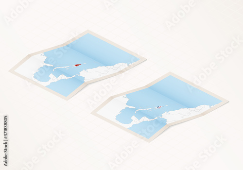 Two versions of a folded map of Dominican Republic with the flag of the country of Dominican Republic and with the red color highlighted.