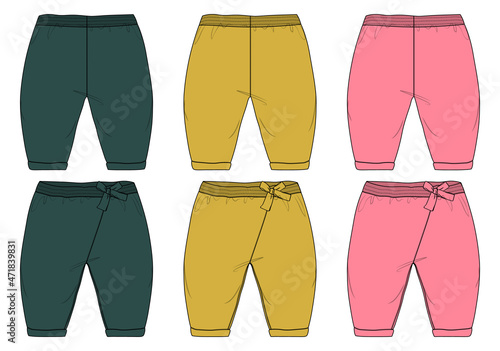 Multicolor kids Pajama Pant technical fashion flat sketch vector illustration with mid calf length, normal waist. Set of collection mock up front and back views. Woman, man CAD mock up