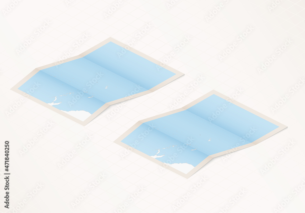 Two versions of a folded map of Tuvalu with the flag of the country of