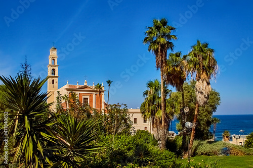 View of the St. Peter's Church, bell tower of the Saint Peter Church and Bridge of desires in Old Jaffa in Tel Aviv Yaffo, Israel
