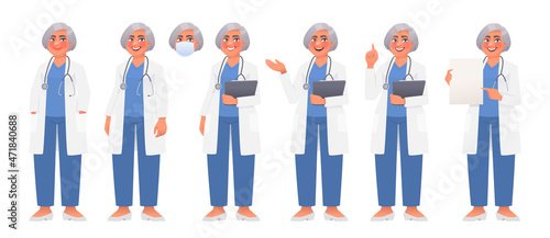 Set of character of a woman doctor in a white coat and with a stethoscope. A health worker wearing a mask
