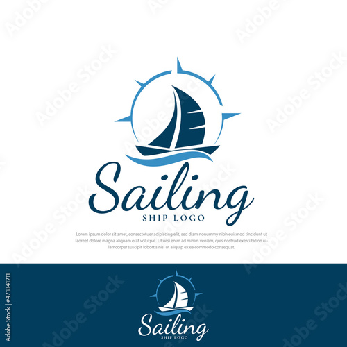 Compass line circle sailing ship design logo illustration.symbol,icon template design,vector business logo