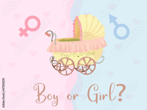 Gender reveal party invitation template. Boy or girl? Baby shower clipart. Blue and pink colors. Gender reveal. Vector illustration Isolated on white background