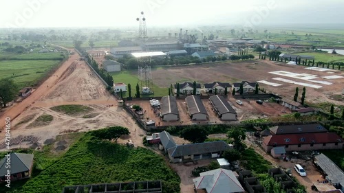 View of an OLAM farm in Nigeria for poultry breeding and feeding on a large scale in Rukubi, Nigera - aerial flyover photo