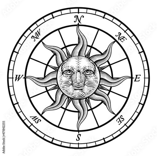 Compass Sun Face Etching Rose Woodcut Drawing