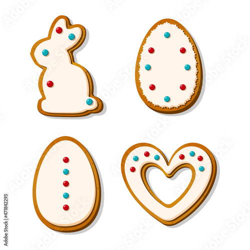 Easter gingerbread cookies in the shape of eggs heart and rabbits in cartoon style. Sweet biscuits with pastel glaze isolated on white background. A holiday of religion. Vector illustration