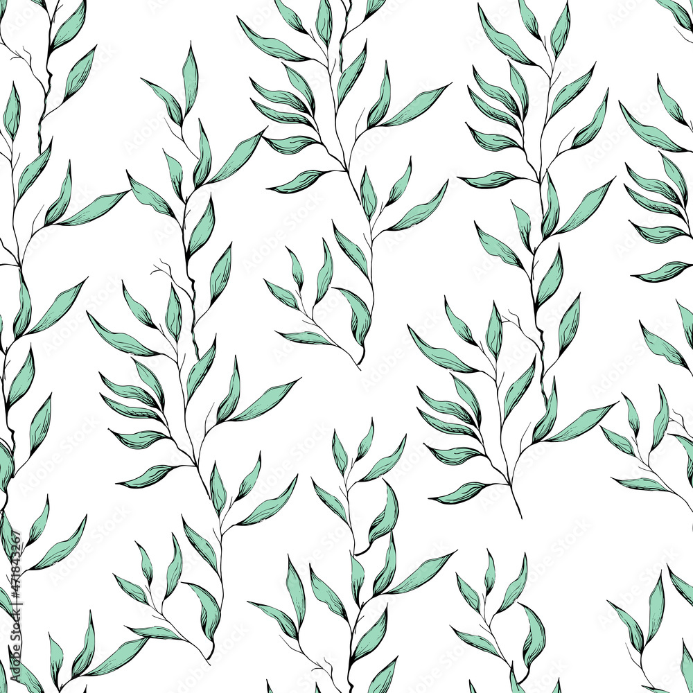 Hand drawn green leaves on white background, light vintage seamless print for dress, fabric and bedding. Vector illustration. Hand drawn green leaves on white background, light vintage seamless print for dress, fabric and bedding. Vector illustration.
