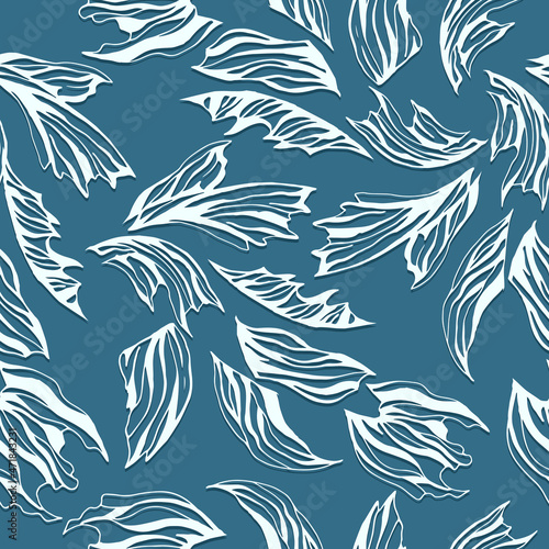 Winter seamless frosty pattern of contour white feathers on a blue background. Vector illustration