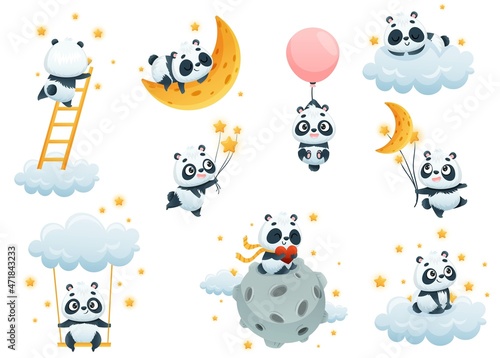 Cute Panda Character on Soft Clouds Enjoying Bright Star Vector Set