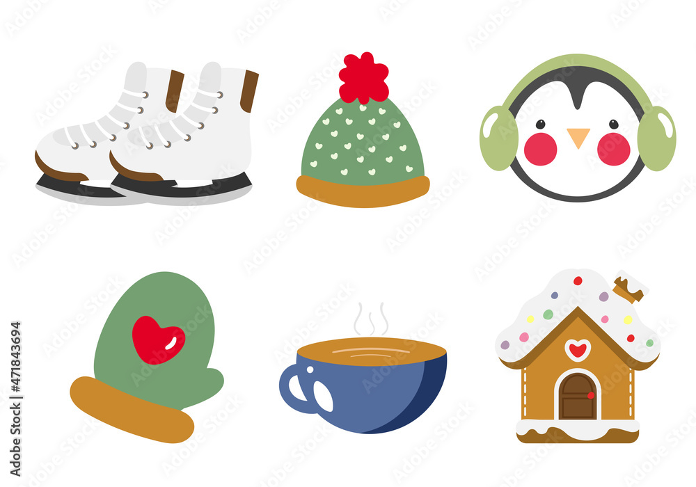 Christmas vector collection of design elements with skates, penguin, mittens, hat, gingerbread, hot winter drink. Perfect for season decorations. Christmas vector collection of design elements with skates, penguin, mittens, hat, gingerbread, hot winter drink. Perfect for season decorations.