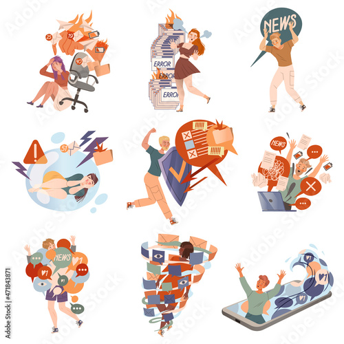Stressed people overloaded by information set. Deadline, job burnout, ineffective multitasking vector illustration