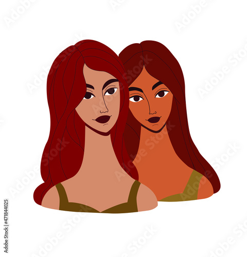 Two young girls (Armenian girl and Indian girl).  Valentine's day card. Wind flat illustration for print and web design.