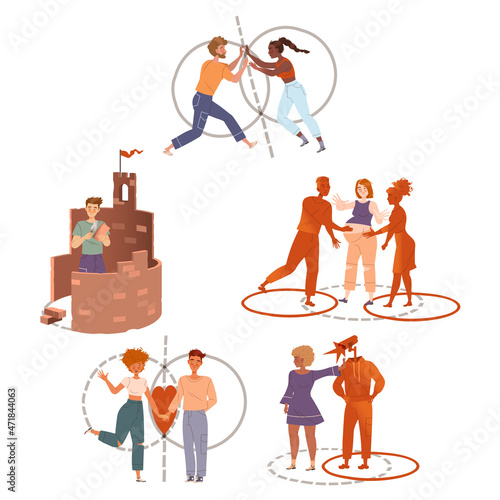 Personal boundaries set, People standing inside drawn lines. Self isolation, personal space vector illustration