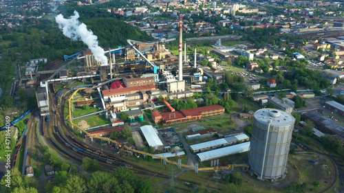 Coal fired black coke plant factory smokes Svoboda production coke. Factory smoke stacks chimneys smoke, drone aerial, heating plantower plant chemical forge huge, pollution airborne dust, Ostrava photo