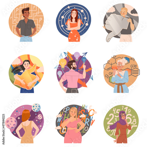 People with different types of thinking. Scientific, positive, negative, analytical, imaginative, humanitarian mental mindsets cartoon vector illustration